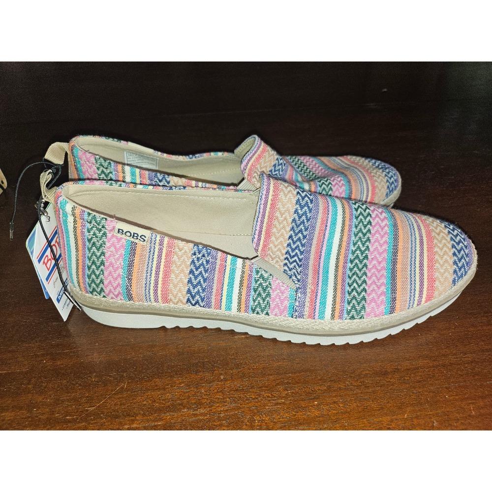Skechers BOBS Slip On Shoes Women 10 Multi Striped Memory Foam Vegan 114036